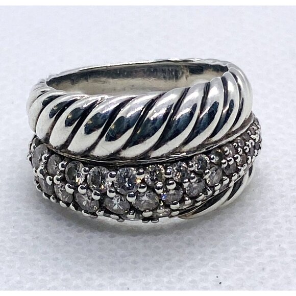 David Yurman Thoroughbred Sterling Silver 925 & Diamond 12mm Crossover Ring 6 - Picture 1 of 9